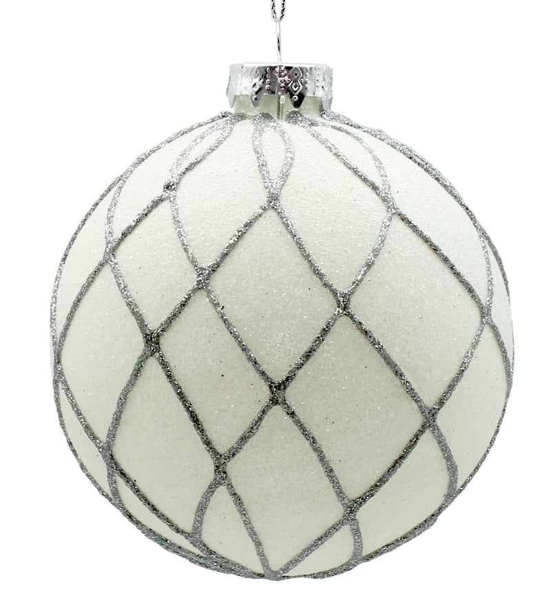 BOWRING - 10cm White Flow Ornament with Silver Glitter