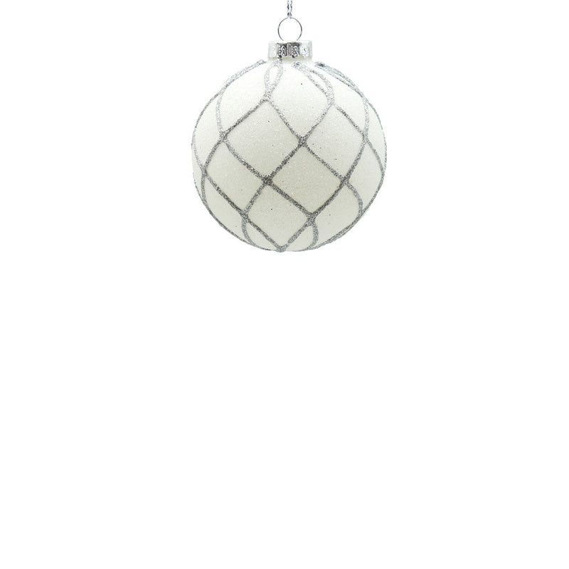 BOWRING - 8cm White Flow Ornament with Silver Glitter