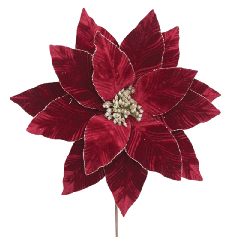 BOWRING - Poinsettia 35x50cm Burgundy Velvet with Glitter Edge Stem