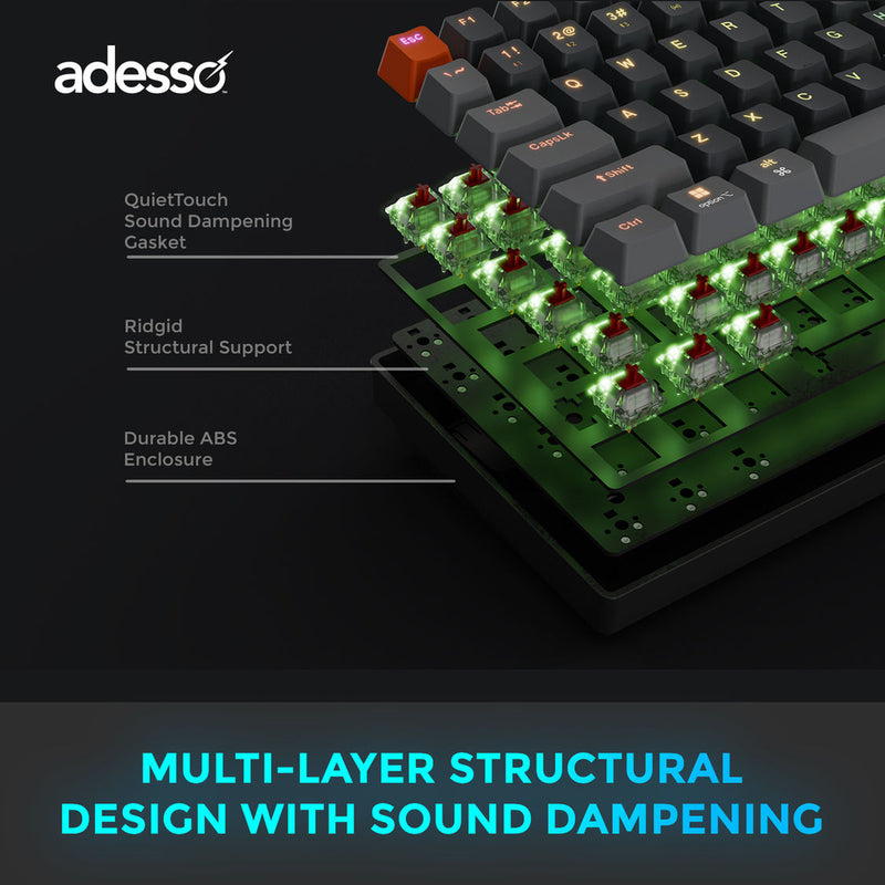 Adesso - Wired/Wireless/Bluetooth Multi-OS Illuminated Mechanical QMK VIA Compact Keyboard With CoPilot Ai Hotkey (Red Switch)
