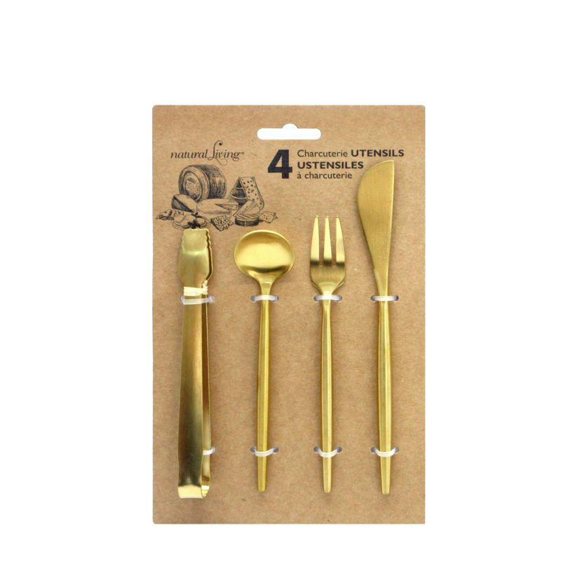 Natural Living - Charcuterie Utensil Set - Gold (4-Piece) — gold charcuterie utensils and gift packaging.