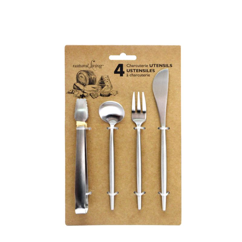 Natural Living - Charcuterie Utensil Set - Stainless Steel (4-Piece) — stainless-steel charcuterie utensils and gift packaging.