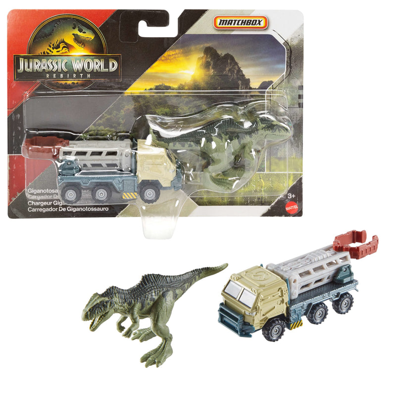 Matchbox - Jurassic World - Dino Transporter & Mini Dinosaurs (Single Random Pick) — Example loader and mini dinosaurs