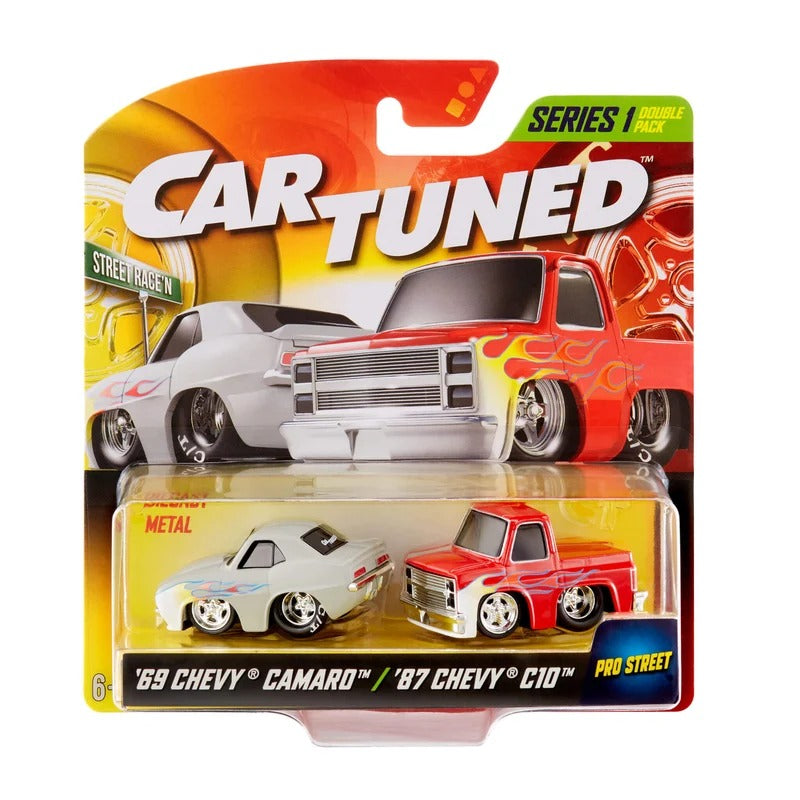 CarTuned - Series 1 - Street Race'n 1:64 Scale Die-Cast Cars (Set of 2) | 1969 Chevrolet Camaro and 1987 Chevrolet C10 — product and packaging