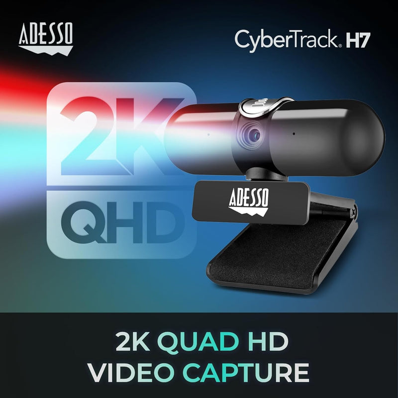 Adesso - Webcam CyberTrack H7 2K (4MP) QUAD HD with Built-in Dual Microphone & Privacy Shuter (TAA Compliant)