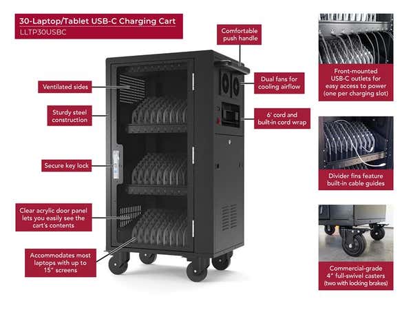 Luxor - Charging Cart for 30 Laptops USB-C with Fans & Locking Door - Black