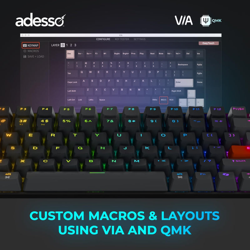 Adesso - Wired/Wireless/Bluetooth Multi-OS Illuminated QMK VIA Mechanical Mini Keyboard With CoPilot AI Hotkey (Red Switch)