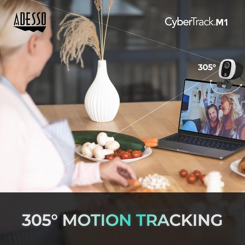 Adesso - Webcam 1080p CyberTrack M1 2.1MP Dual Mics Fixed Focus with Noise Cancelling 305 Degree Motion Tripod Mountable  - Black