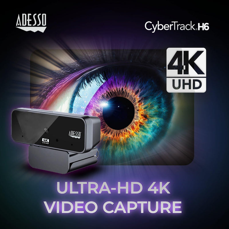 Adesso - Webcam CyberTrack H6 4K (8MP) Ultra HD Fixed Focus with Built-in Microphone & Privacy Shuter - Black