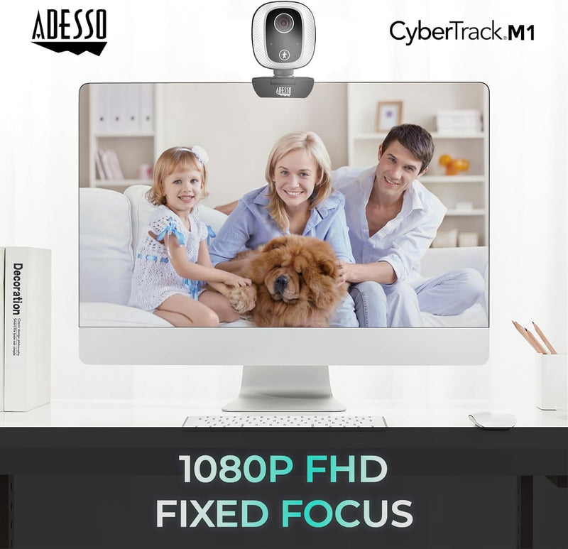 Adesso - Webcam 1080p CyberTrack M1 2.1MP Dual Mics Fixed Focus with Noise Cancelling 305 Degree Motion Tripod Mountable  - Black