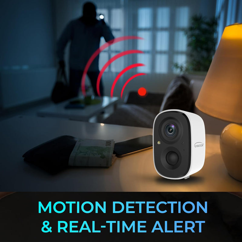 Gyration - Smart Home Outdoor/Indoor Wifi Camera 2MP Cyberview 2010 IP65 Waterproof Built in Mic Motion Detection Night Vision Rechargeable Battery - White