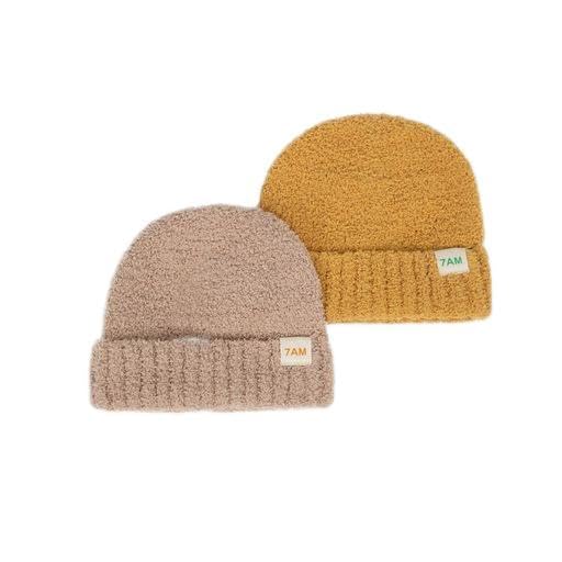 7AM - Beanies Set of 2 - Fuzzy | Cozy Knit Hat Collection for Babies & Kids Mother & Baby Pecan, Amber 0 - 6M