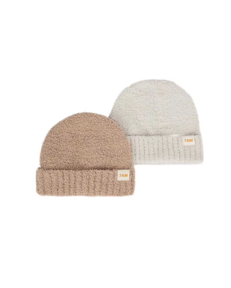 7AM - Beanies Set of 2 - Fuzzy | Cozy Knit Hat Collection for Babies & Kids Mother & Baby Pecan, Ecru 6 - 18M