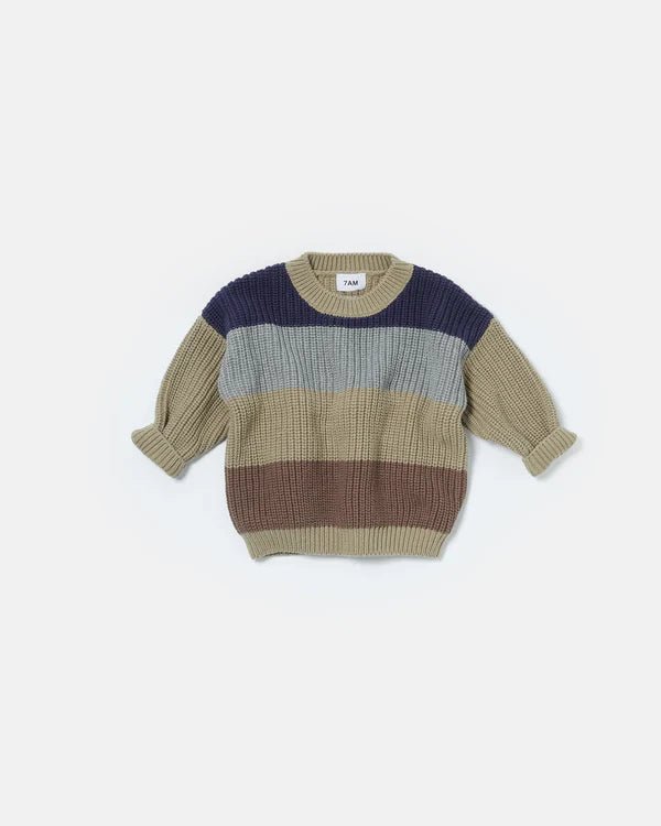 7AM - Boxy Sweater Color Block - Chunky Mother & Baby Olive Multi 18 - 24M