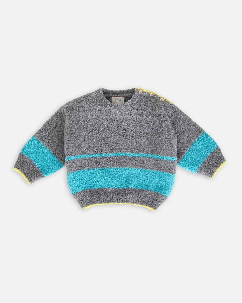 7AM - Boxy Sweater - Fuzzy Mother & Baby Gris, Bright Cyan 3 - 6M
