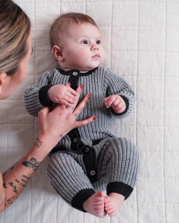7AM - Long Sleeve Jumpsuit - Chunky Mother & Baby Black Melange/Brown 0 - 3M