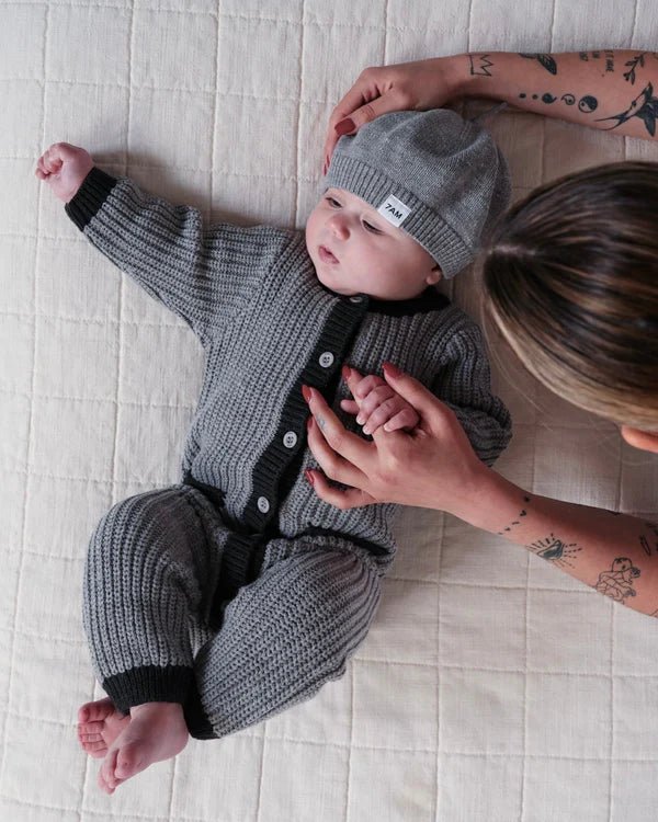 7AM - Long Sleeve Jumpsuit - Chunky Mother & Baby Black Melange/Brown 0 - 3M