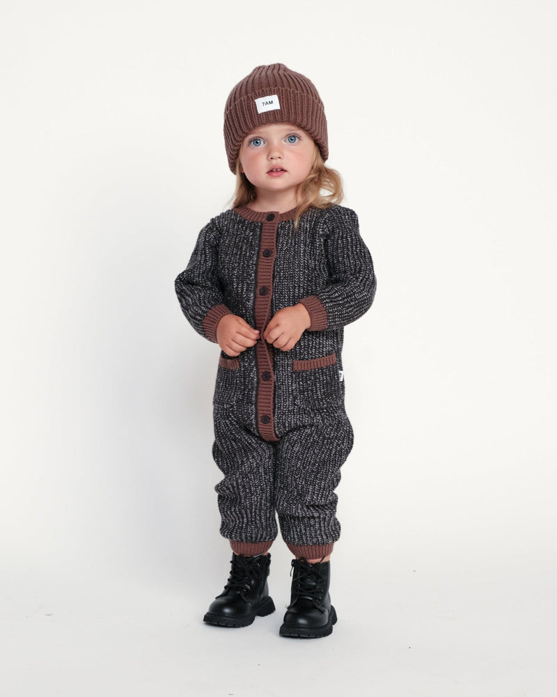 7AM - Long Sleeve Jumpsuit - Chunky Mother & Baby Heather Grey/Black 0 - 3M