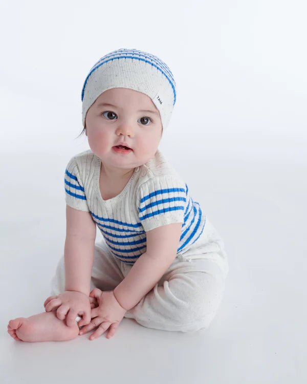 7AM - Short Sleeve Tee Marinière - Ribbed Mother & Baby Seashell/Blue Stripes 0 - 3M
