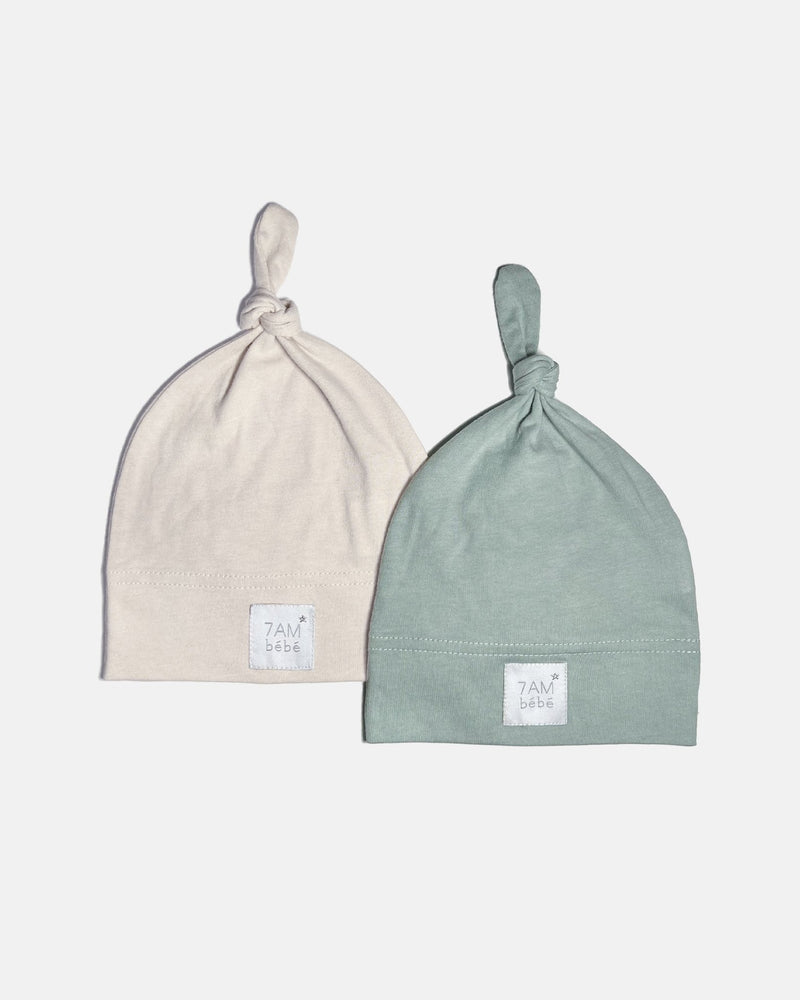 7AM - Top Knot Hat - 2 pack Mother & Baby Bondi Blue/Almond 0 - 3M