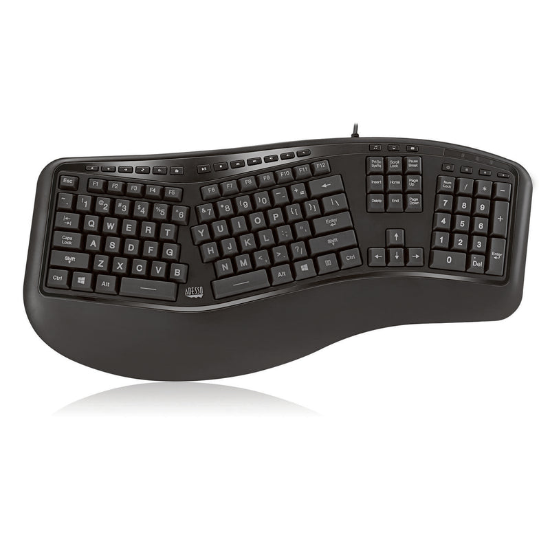 Adesso - Adesso Keyboard Wired Tru-Form 150 Ergonomic Multimedia Large Print 3 Colour LED Integrated Palm Rest - Black
