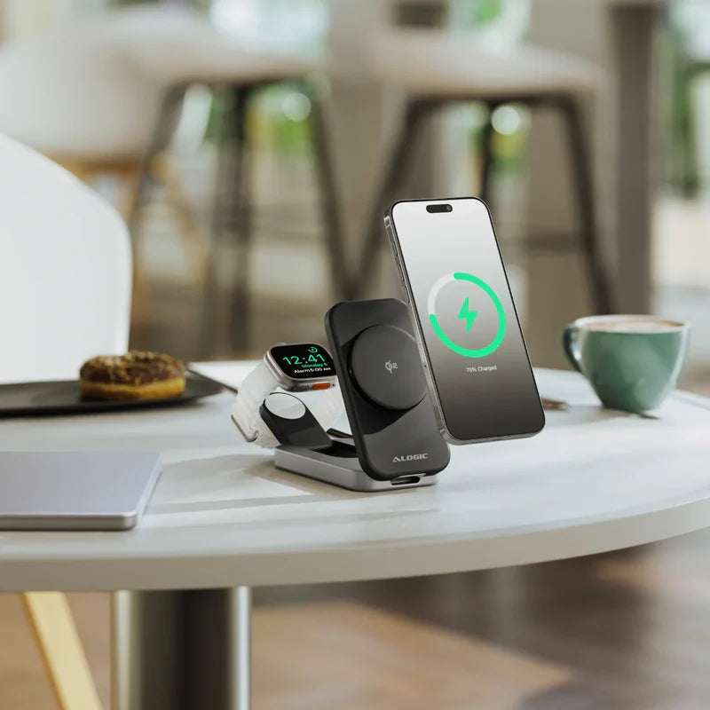 Alogic - Qi2 Charging Stand 2-in-1 Flip 2 Phone (15W) & Watch (3W) Charger with 3ft USB-C to USB-C Cable - Black - Limolin 