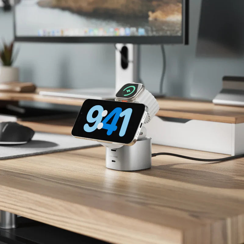 Alogic - Qi2 Charging Stand 4-in-1 PowerPod Phone (15W) & Watch (3W) AirPods (5W) + USB-C (30W) with 3ft USB-C to USB-C Cable - Black - Limolin 