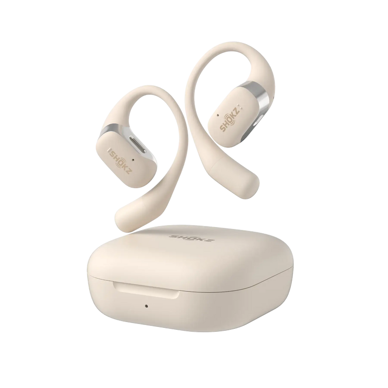 Shokz OpenFit beige earbuds and charging case