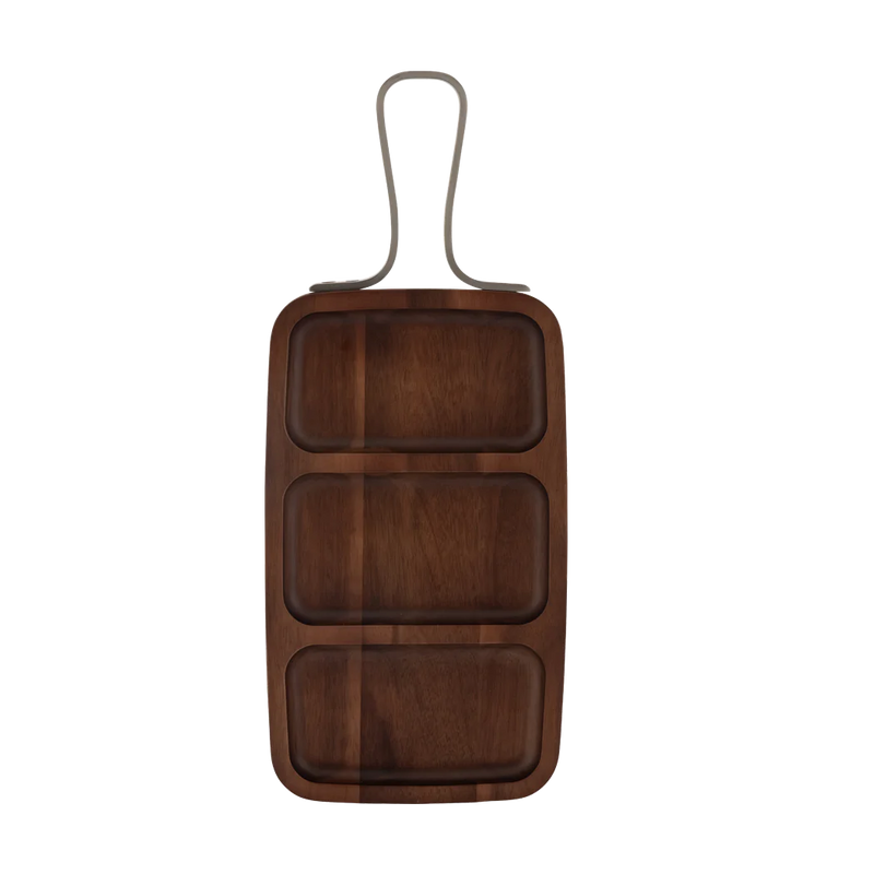 Browne - Serving Board, Rectanagle, 3 Sections, SS Handle, 12x7"/30.5.x17.8cm, Acacia - Limolin 