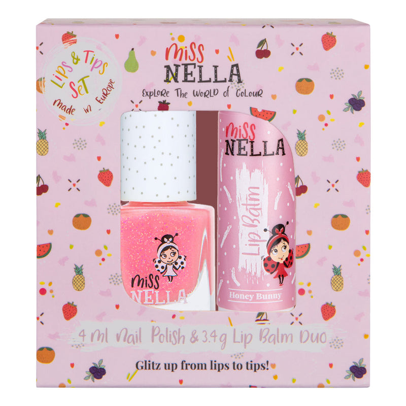 Miss Nella - Lips & Tips Duo - Lip Balm Honey Bunny + 1 Varrying Nail Polish - Pepack of 3