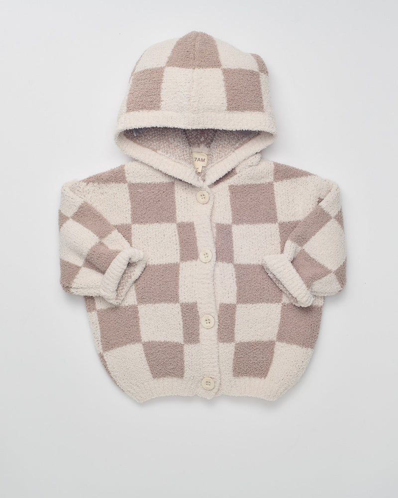 7AM - Checkers Hooded Cardigan - Ecru, Taupe - 6-12M