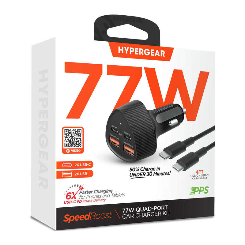 Hypergear - HyperGear Car Charger 4 Port 77W 2x USB-A (12W) 2x USB-C (30W) PD PPS SpeedBoost Quick Charge with 4ft USB-C to USB-C Cable - Black