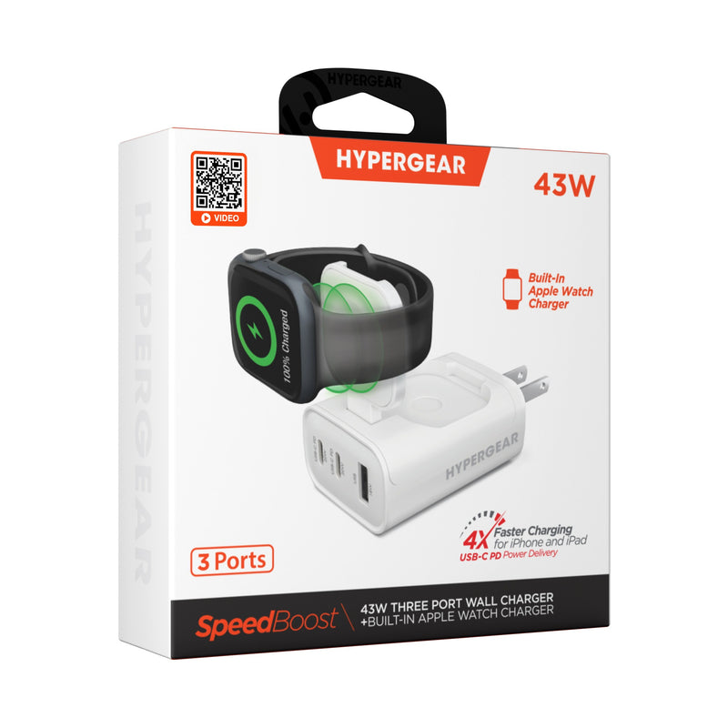 Hypergear - HyperGear Wall Charger 3 Port 43W 2x USB-C (20W) 1x USB-A (18W) PD PPS SpeedBoost Quick Charge with Built-In Magnetic Charging Mount for Apple Watch - White