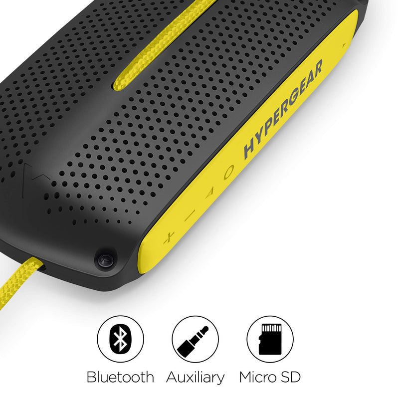 Hypergear - Speaker Bluetooth 10W Waterproof IPX4 Hands Free Music + Calls - Hang Cord Great For Shower - On The Water Camping 4HR Battery Life - Yellow
