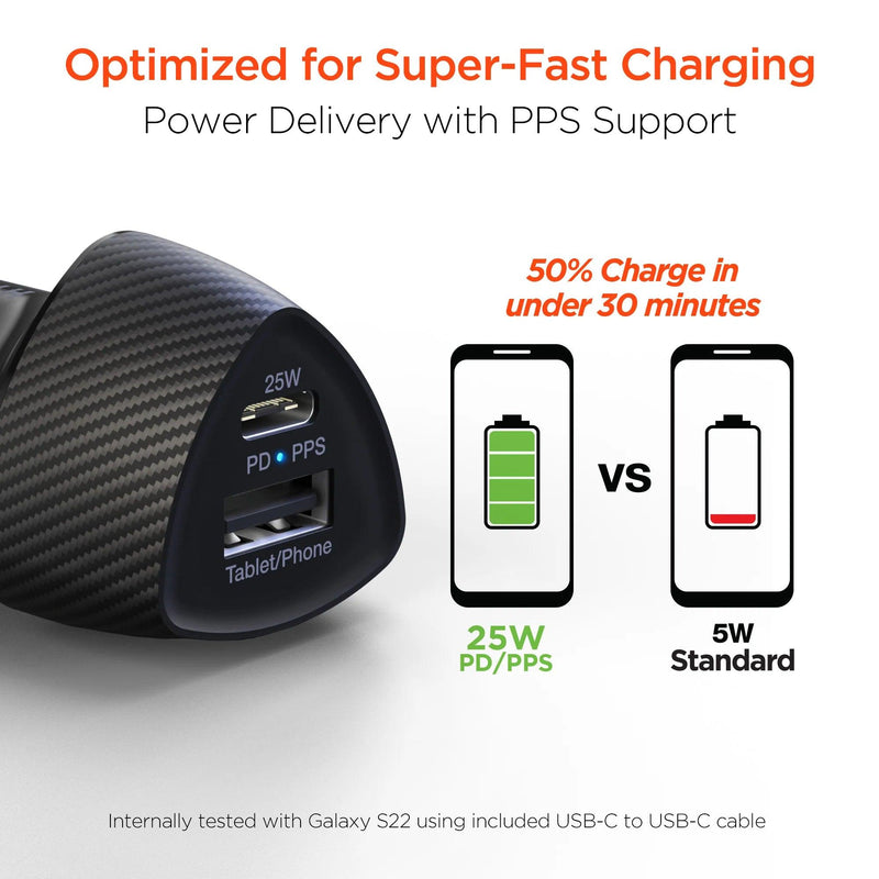 HyperGear - Speedboost 25W Usb-C Pd + 12W Usb Fast Car Charger With Pps | Includes 4Ft Usb-C Cable | Black - Limolin 