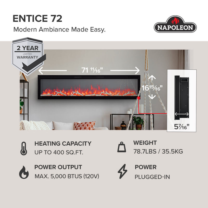 Napoleon - Entice™ 72 Fireplace - Wall-Hanging Electric Fireplace - NEFL72CFH-1