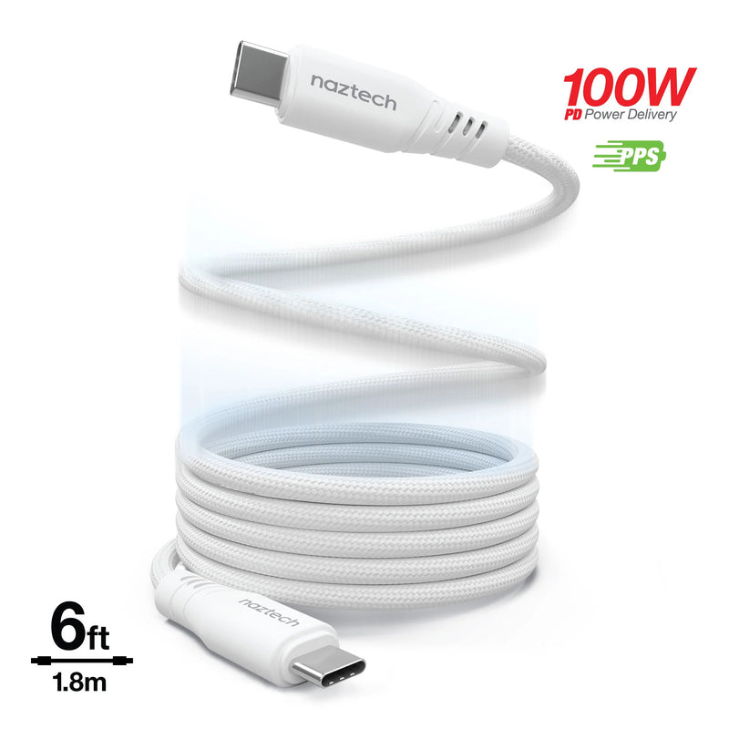 Naztech - Charge & Sync PD 100W USB-C to USB-C REcoil  - White - Limolin 