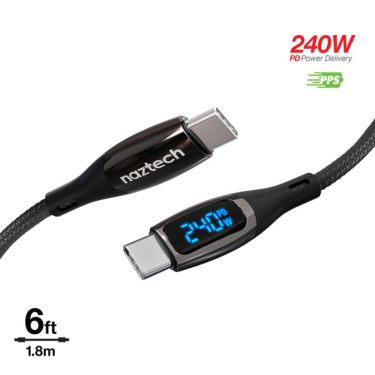 Naztech - Charge & Synch USB-C to USB-C 240W DigiWatt Fast Charge Cable with LED Power Display 6ft PD Industrial Strength Braided - Black - Limolin 
