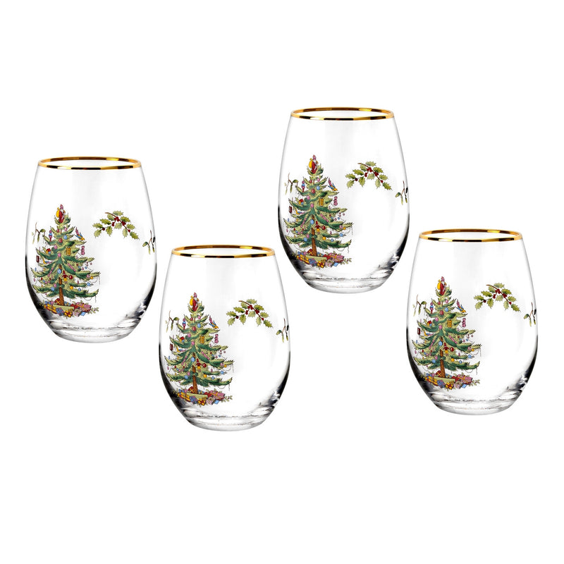 Spode - Christmas Tree - Stemless Wine Glasses (Set of 4) | 19 Oz - Limolin 