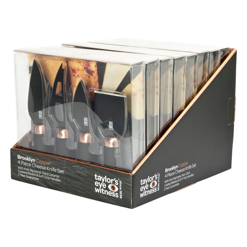 Taylor's Eye Witness - 4Pc Brooklyn Copper Cheese Knife Set - Anti Bacterial Black Ceramic Coated - Limolin 