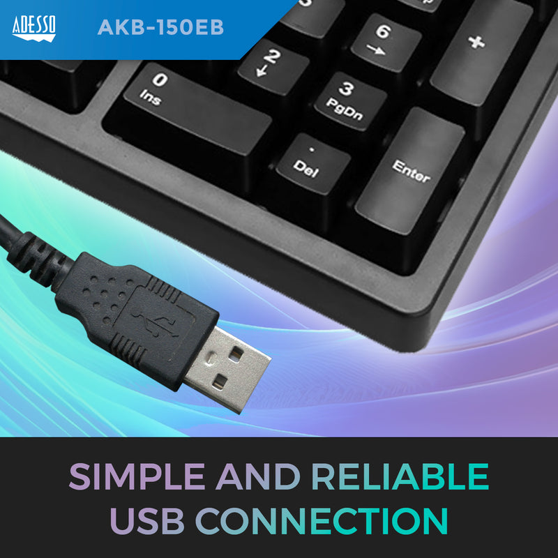 Adesso - Adesso Keyboard Wired Tru-Form 150 Ergonomic Multimedia Large Print 3 Colour LED Integrated Palm Rest - Black