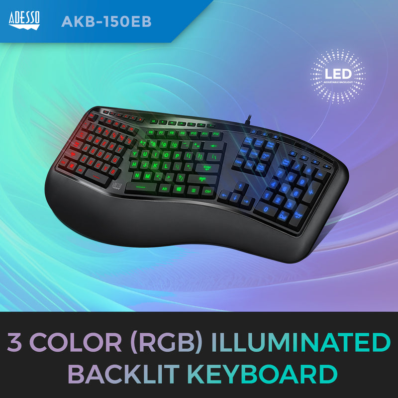 Adesso - Adesso Keyboard Wired Tru-Form 150 Ergonomic Multimedia Large Print 3 Colour LED Integrated Palm Rest - Black