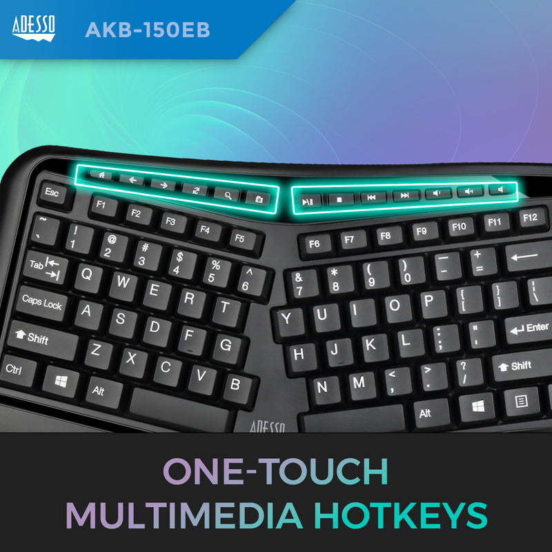 Adesso - Adesso Keyboard Wired Tru-Form 150 Ergonomic Multimedia Large Print 3 Colour LED Integrated Palm Rest - Black