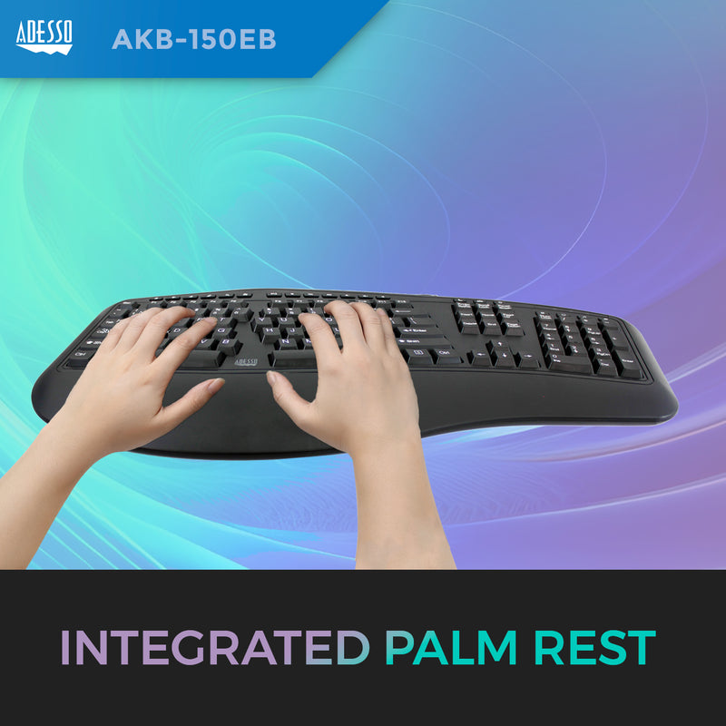Adesso - Adesso Keyboard Wired Tru-Form 150 Ergonomic Multimedia Large Print 3 Colour LED Integrated Palm Rest - Black