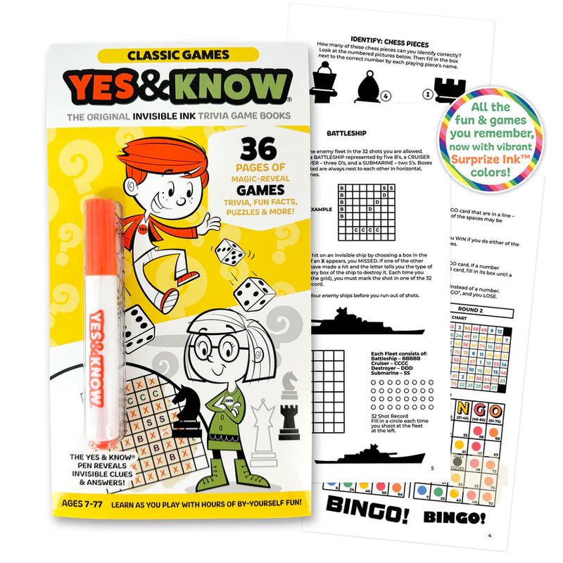 Tree Town Toys - YES & KNOW - INVISIBLE INK GAME BOOK - CLASSIC GAMES