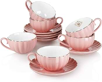Easy Life - ROYALE - Teacup & Saucer - Pink with Golden Rim | 200 ml Home & Kitchen