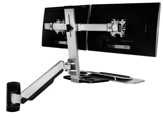 Mount-IT - Sit Stand Workstation Wall Mounted with Dual Monitor & Keyboard Tray Gas Spring Includes CPU Wall Mount Heavy Duty Steel & Aluminum