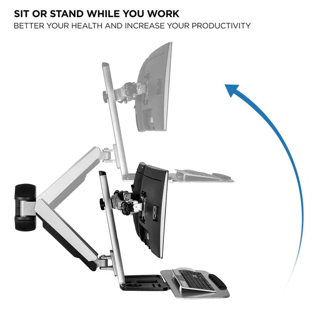 Mount-IT - Sit Stand Workstation Wall Mounted with Dual Monitor & Keyboard Tray Gas Spring Includes CPU Wall Mount Heavy Duty Steel & Aluminum