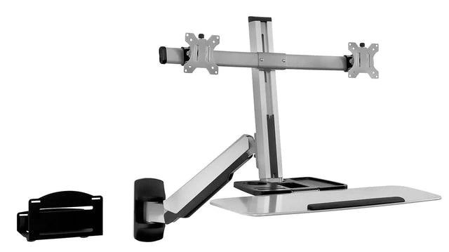 Mount-IT - Sit Stand Workstation Wall Mounted with Dual Monitor & Keyboard Tray Gas Spring Includes CPU Wall Mount Heavy Duty Steel & Aluminum