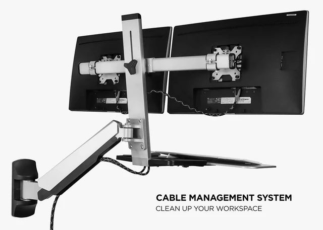 Mount-IT - Sit Stand Workstation Wall Mounted with Dual Monitor & Keyboard Tray Gas Spring Includes CPU Wall Mount Heavy Duty Steel & Aluminum